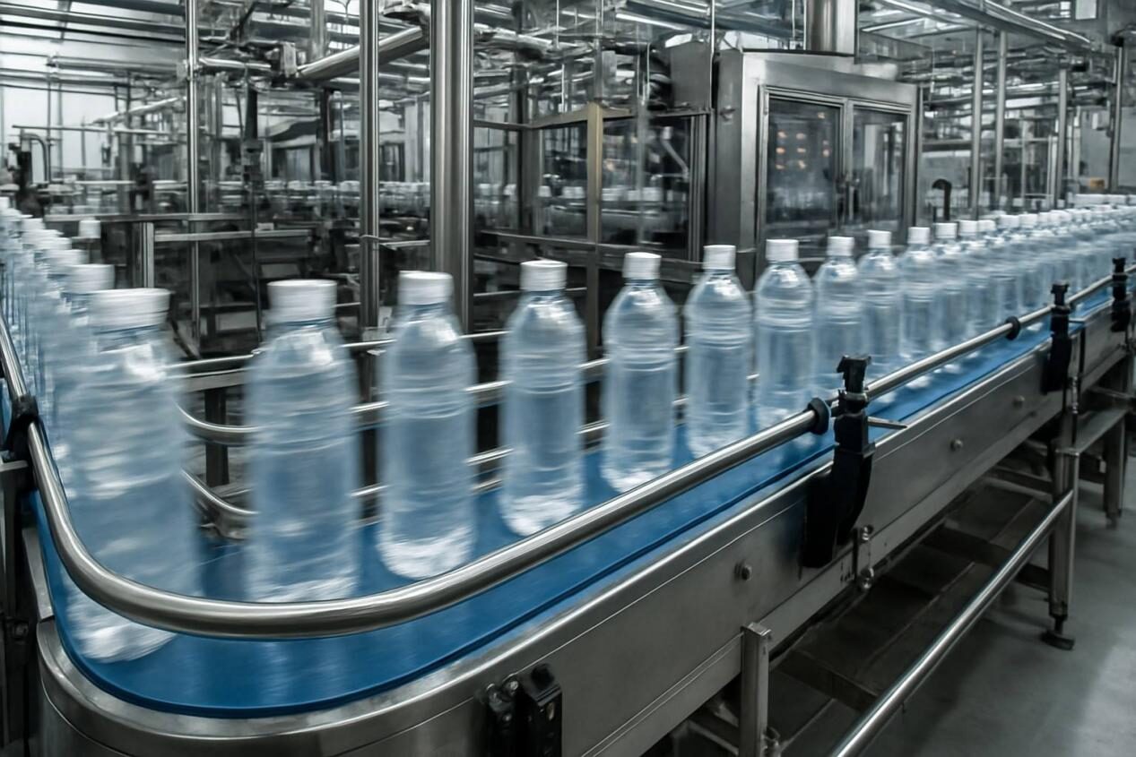 High-angle view of a modern beverage bottling line with water bottles moving rapidly on a conveyor belt, symbolizing efficiency and high throughput.