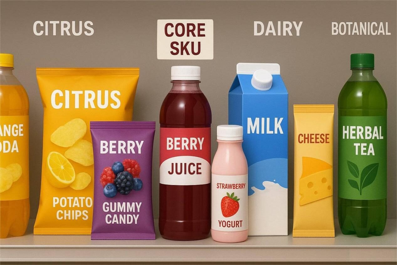 Assortment of food and beverage products arranged by flavor families (citrus, berry, dairy, botanical), with one highlighted as a core SKU to represent a strategic portfolio.