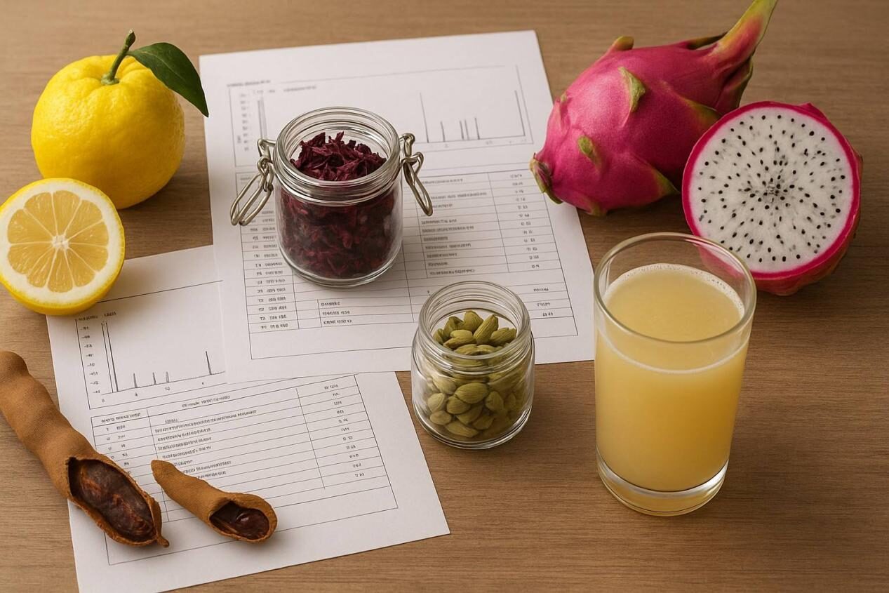 Exotic fruits and spices with analytical reports and beverage samples illustrating exotic flavor development.