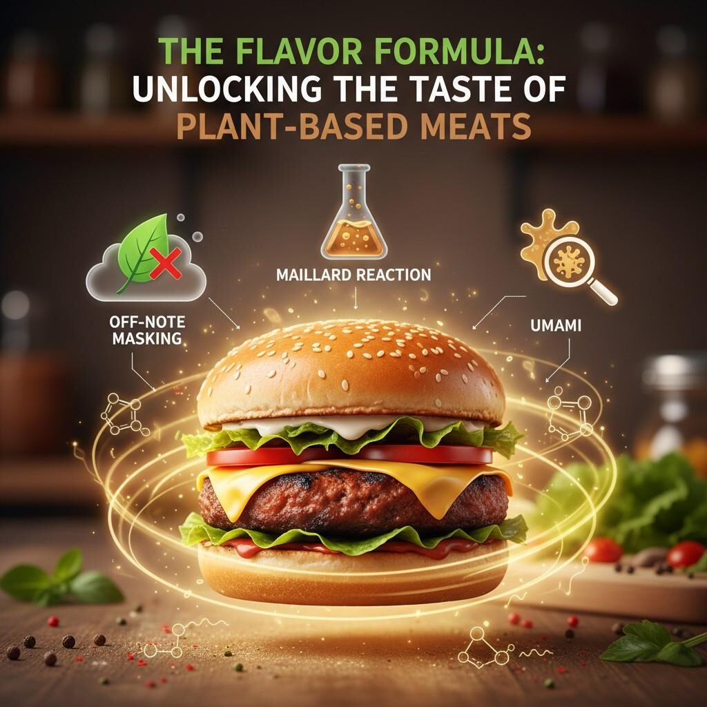 An infographic titled "The Flavor Formula: Unlocking the Taste of Plant-Based Meats." A realistic plant-based burger is at the center, surrounded by a glowing "flavor aura" with swirling molecular structures. Three icons float above the burger, each connected by a dashed line. To the left, a green leaf with a red "X" represents "Off-Note Masking." In the middle, a test tube with bubbling liquid signifies the "Maillard Reaction." To the right, a magnifying glass over a stylized yeast extract icon represents "Umami." The background is a slightly blurred, warm-toned kitchen counter with herbs and tomatoes.