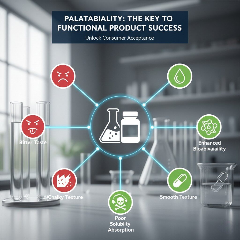 An infographic titled "Palatability: The Key to Functional Product Success." In the center is a stylized icon of a beaker and a supplement bottle. Radiating from this central icon are lines connecting to six smaller icons, three representing challenges and three representing solutions, all set against a blurred background of a science laboratory. The challenge icons (in red) are: a frowning face with a tongue out for "Bitter Taste," a chalky explosion for "Chalky Texture," and a skull and crossbones for "Poor Solubility Absorption." The solution icons (in green) are: a liquid droplet for "Flavor Droplet" (though the label in the image is not clear), a molecular structure for "Enhanced Bioavailability," and a smooth pill for "Smooth Texture."