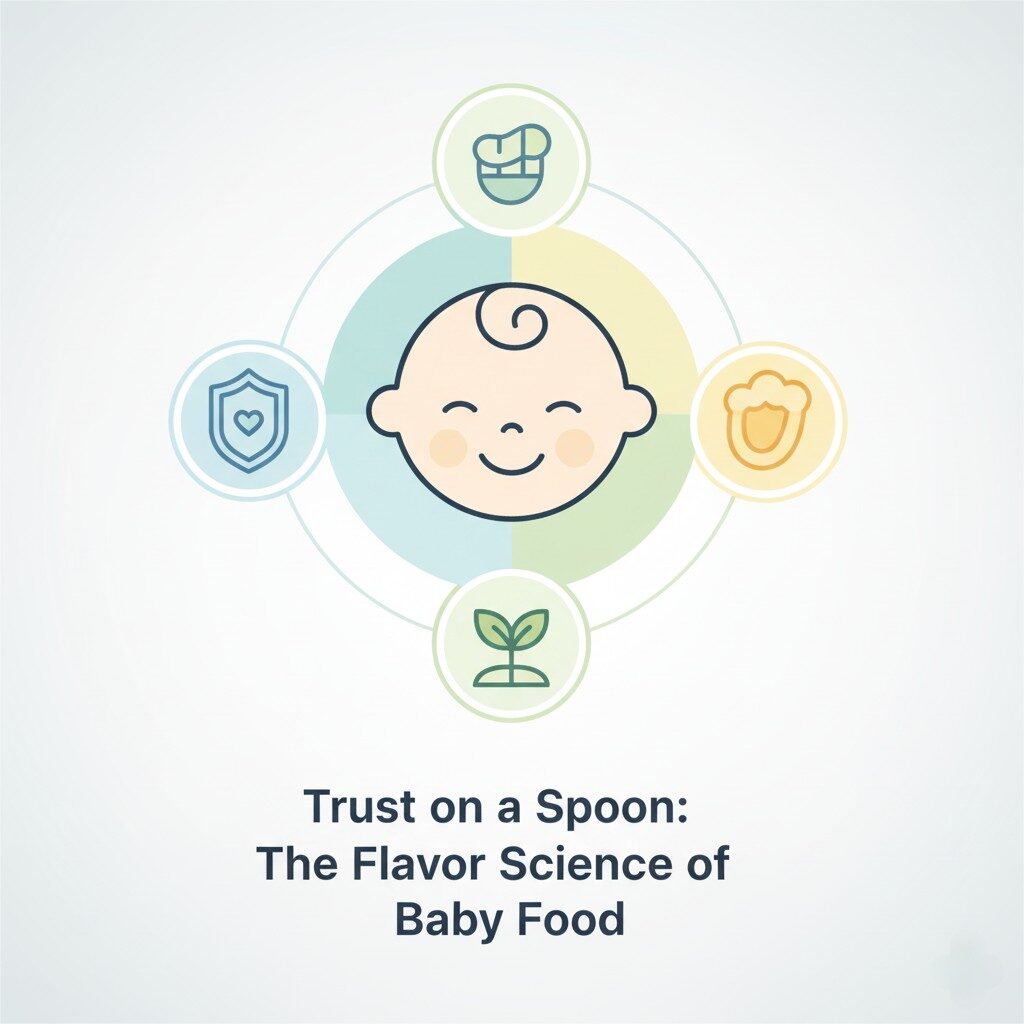 A clean, professional infographic titled "Trust on a Spoon: The Flavor Science of Baby Food." In the center is a stylized baby's face with a gentle smile. Radiating from it are three key icons: a shield (representing safety), a taste bud (representing flavor science), and a leafy plant (representing natural ingredients). The color palette is soft and gentle.