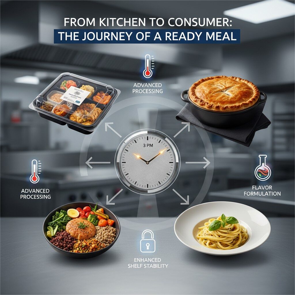 An intricate infographic titled "FROM KITCHEN TO CONSUMER: THE JOURNEY OF A READY MEAL," set against a blurred, modern kitchen background. In the center is a stylized clock face with hands pointing to 3 PM, indicating a quick meal. Radiating outwards from the clock are arrows pointing to three different high-quality ready meals: a gourmet chicken pot pie in a black pot, a sleek plate of pasta with basil, and a healthy grain bowl with salmon and vegetables. Surrounding these food images are subtle icons representing different technologies: a red thermometer for "Advanced Processing" (appearing twice), a test tube for "Flavor Formulation," and a lock icon for "Enhanced Shelf Stability."