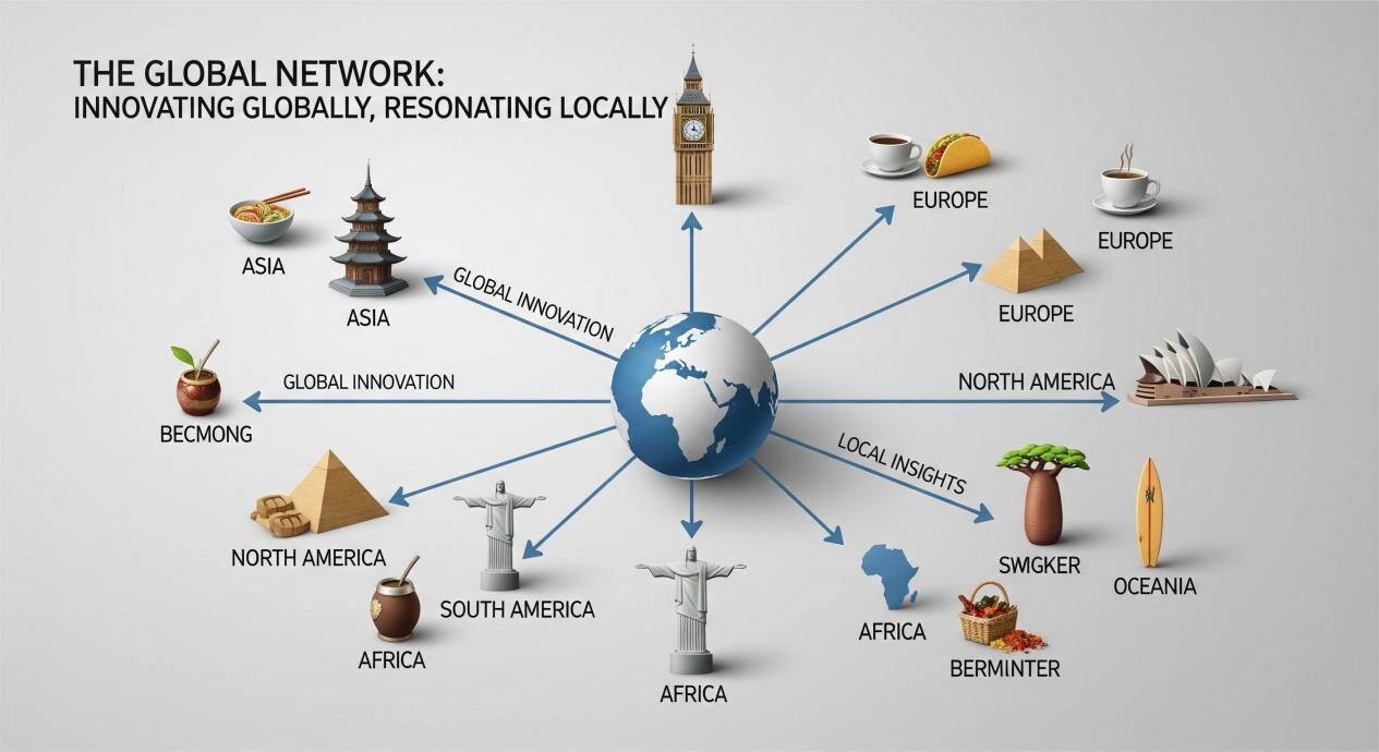 An intricate infographic with a globe at the center, representing a global network. Radiating lines connect the globe to distinct regional icons, such as a pagoda for Asia and the Big Ben for Europe. Each regional icon has a sub-icon showing a local product. Two-way arrows on the lines show a flow of information, with global innovation moving out and local insights coming in. The title is "The Global Network: Innovating Globally, Resonating Locally."