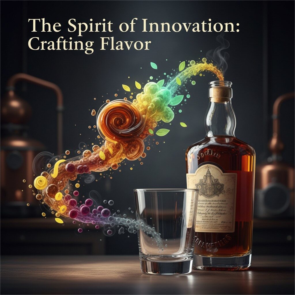 An infographic titled "The Spirit of Innovation: Crafting Flavor." A traditional spirit bottle emits a colorful stream of abstract flavor particles, including swirling brown for caramel and light green for botanical freshness, which flow into a modern, elegant glass. The background is dark, and the overall style is professional and eye-catching.