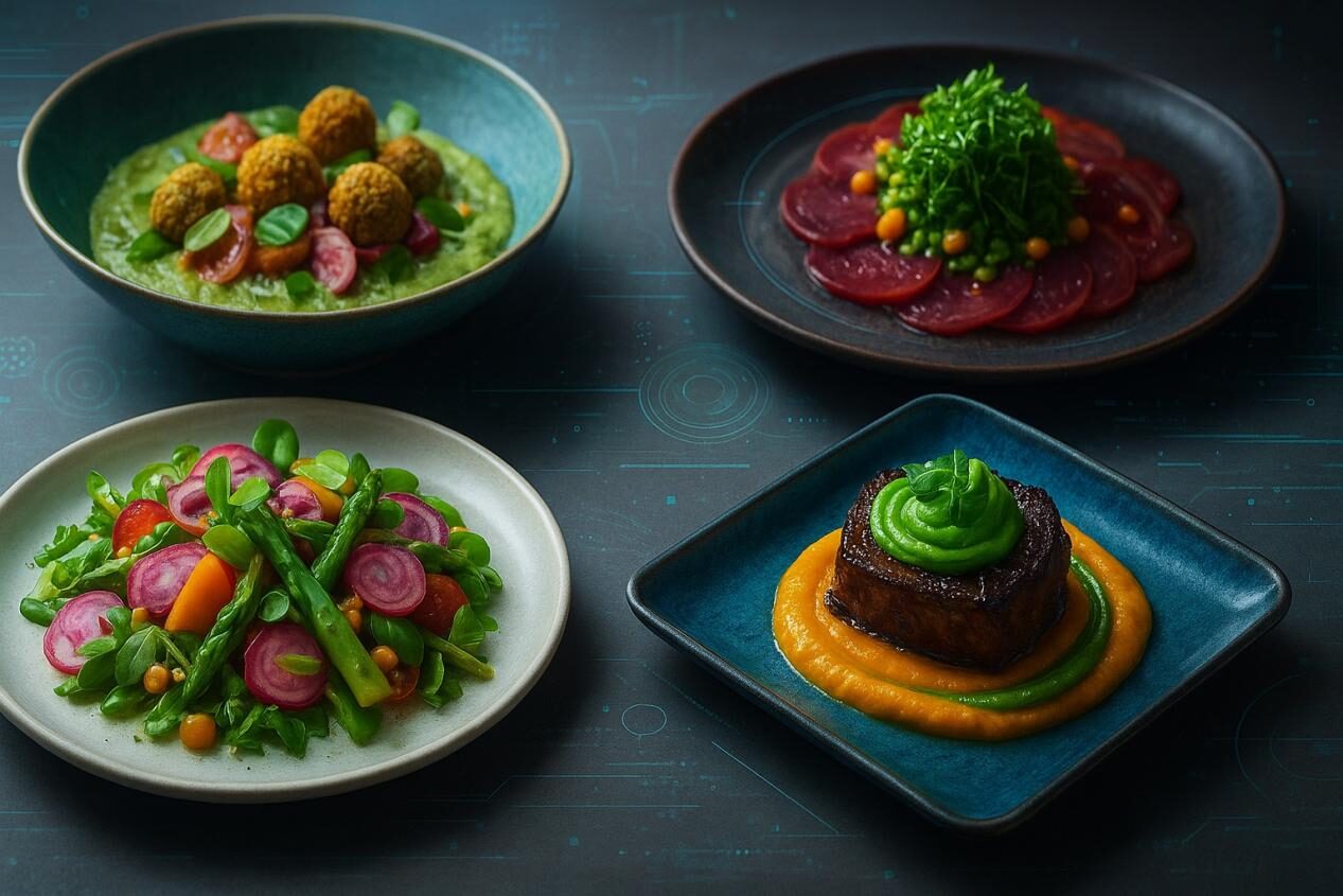 A realistic photo of diverse, futuristic food dishes with vibrant colors and textures, accented by subtle digital overlays suggesting innovation.