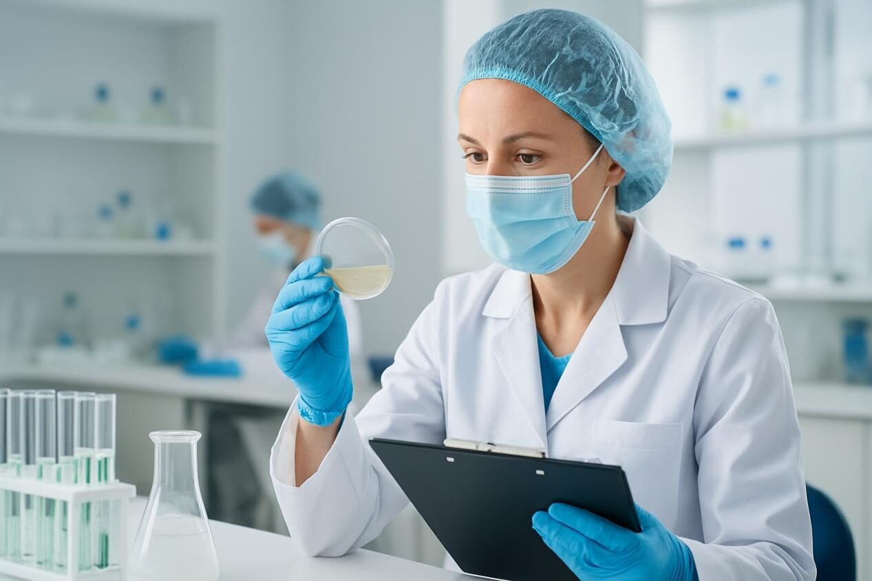A professional laboratory scene showing a food safety inspector analyzing samples under sterile conditions, emphasizing precision, cleanliness, and quality control.