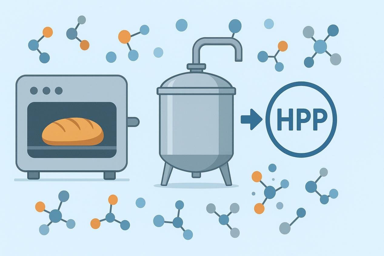 A modern graphic showing food processing environments including an oven, mixing tank, and high-pressure processing symbol, overlaid with flavor molecules, some intact and some degrading, representing the impact of processing on flavor stability.