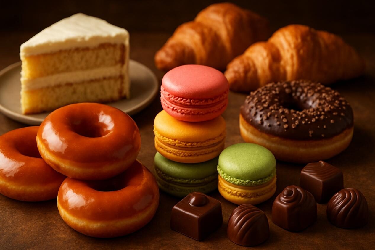 A beautifully arranged assortment of artisanal baked goods, including glazed donuts, colorful macarons, layered cake slice, and hand-crafted chocolates, presented on a rustic surface with warm, inviting lighting.