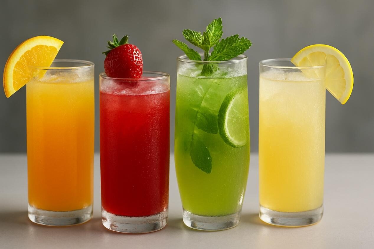 A lineup of colorful, professionally shot beverages with fruit garnishes and condensation on the glasses, suggesting refreshing taste and quality.
