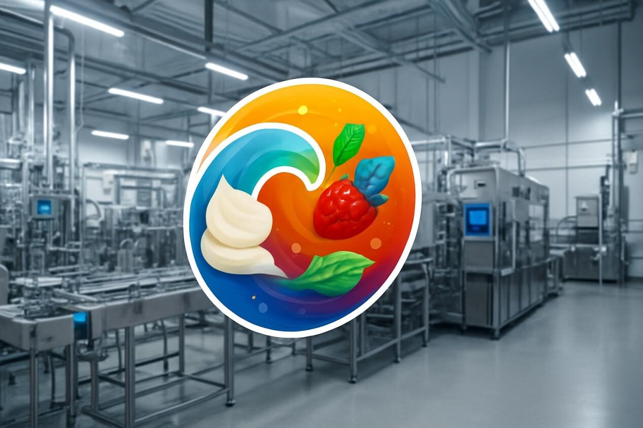  A modern factory floor with sleek automated machinery, featuring a vibrant swirl of flavor ingredients like fruit, cream, and mint, symbolizing efficiency and innovation in flavor creation.