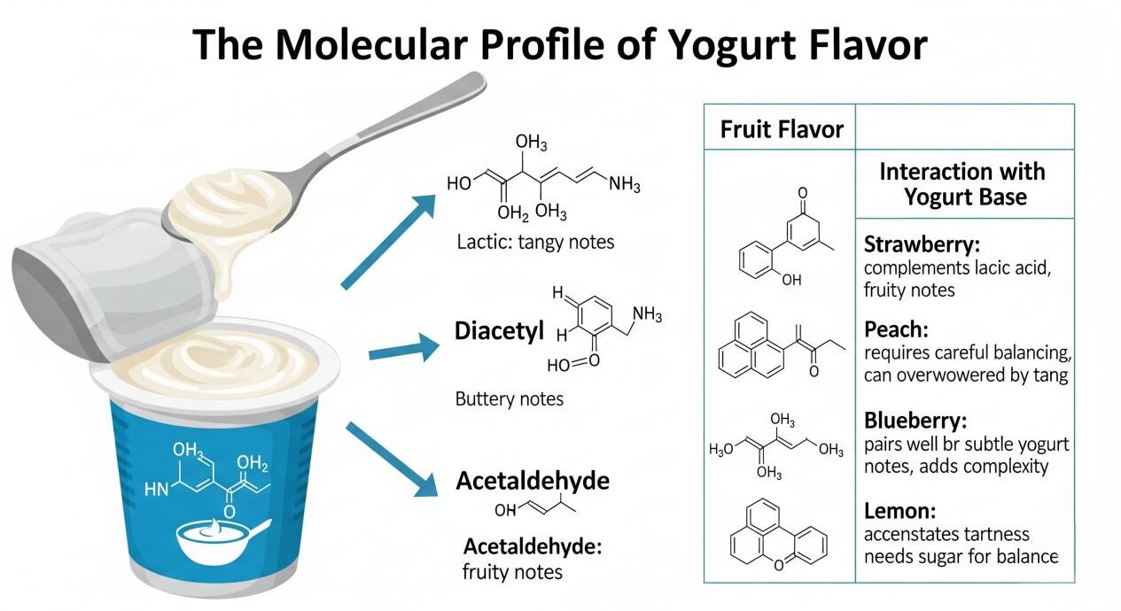 A scientific diagram titled "The Molecular Profile of Yogurt Flavor." It shows a yogurt container on the left, with arrows pointing to chemical structures of lactic acid, diacetyl, and acetaldehyde. On the right is a table showing how fruit flavors like strawberry, peach, blueberry, and lemon interact with the yogurt base.