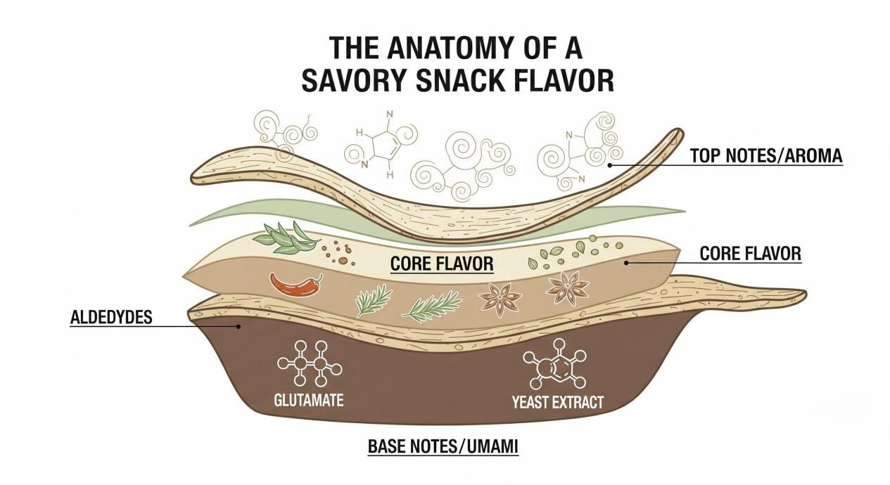 A technical diagram illustrates the anatomy of a savory snack flavor. A cross-section of a chip is shown with three layers. The bottom layer is labeled "Base Notes/Umami" with icons of glutamate and yeast extract molecules. The middle layer is "Core Flavor" with icons for spices and herbs. The top layer is "Top Notes/Aroma" with icons for volatile compounds like aldehydes. The visual demonstrates the building blocks of a complex flavor profile.