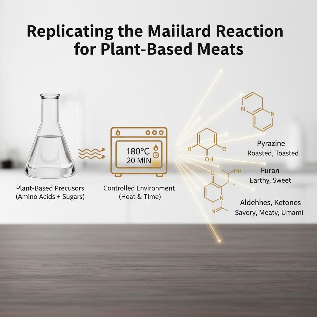 A technical diagram titled "Replicating the Maillard Reaction for Plant-Based Meats." On the far left, a clear glass flask contains a liquid and is labeled "Plant-Based Precursors (Amino Acids + Sugars)." Wavy lines extend from the flask to a stylized golden oven icon labeled "Controlled Environment (Heat & Time)" with settings "180°C" and "20 MIN." From the oven, light beams extend to the right, illuminating three golden chemical structures. The top structure is Pyrazine, labeled "Roasted, Toasted." The middle structure is Furan, labeled "Earthy, Sweet." The bottom structure represents Aldehydes and Ketones, labeled "Savory, Meaty, Umami." The background is a clean, dark wooden surface.