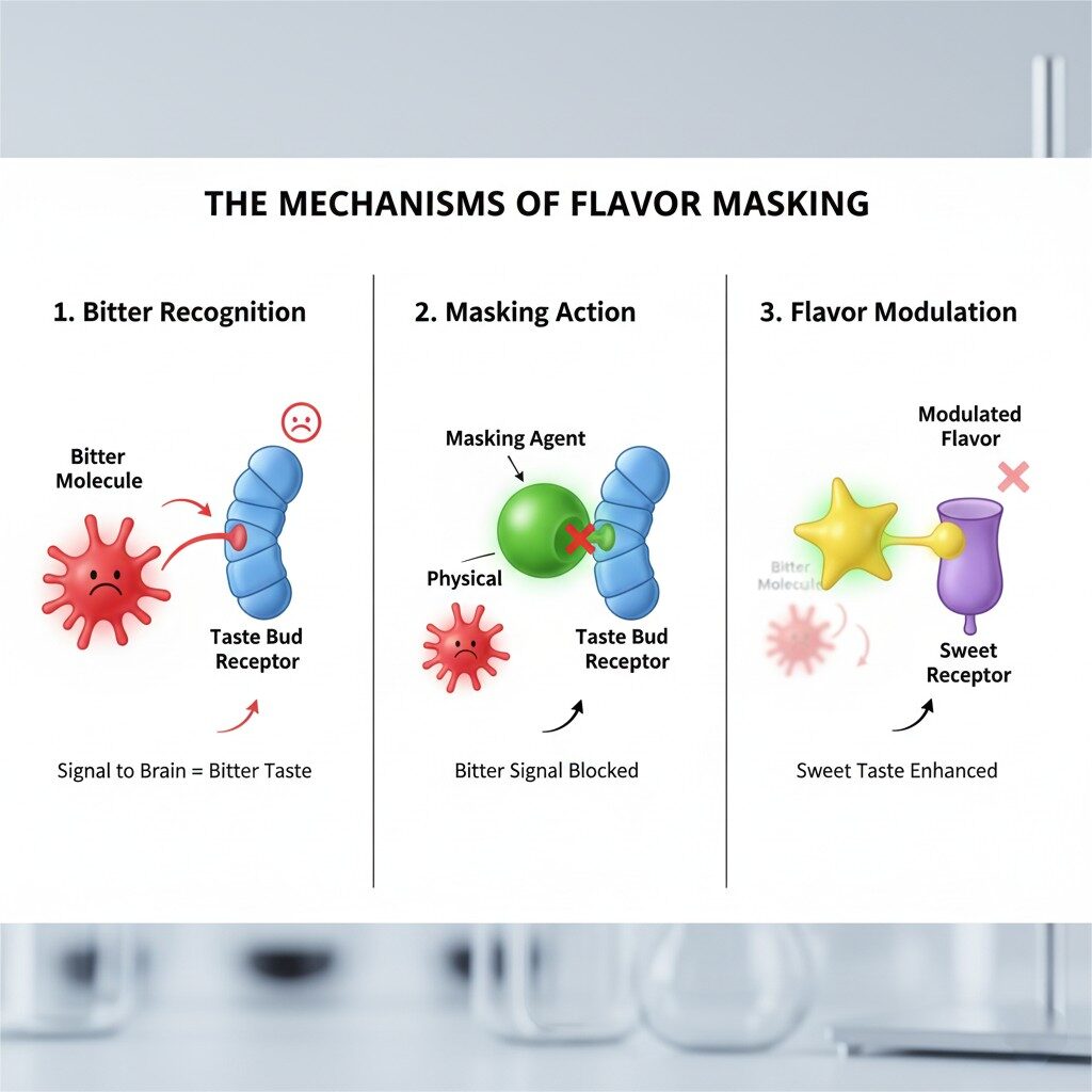 A three-panel technical diagram titled "The Mechanisms of Flavor Masking." Panel 1, "Bitter Recognition," shows a red, spiky bitter molecule interacting with a blue taste bud receptor, leading to a "Bitter Taste" signal to the brain. Panel 2, "Masking Action," shows a green, spherical "Masking Agent" molecule physically blocking the bitter molecule from attaching to the taste bud receptor, labeled "Bitter Signal Blocked." Panel 3, "Flavor Modulation," shows a star-shaped "Modulated Flavor" molecule enhancing a purple "Sweet Receptor," while the bitter molecule is shown as less effective and crossed out, indicating "Sweet Taste Enhanced." The background is a blurred image of laboratory glassware.