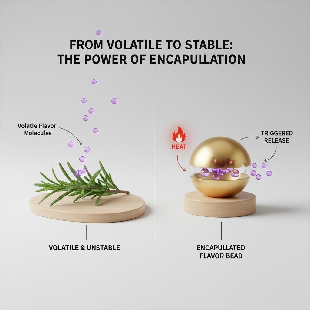 A simple, elegant diagram titled "FROM VOLATILE TO STABLE: THE POWER OF ENCAPSULATION" on a clean, light grey background. On the left, a sprig of rosemary rests on a wooden pedestal, with several purple, spherical "Volatile Flavor Molecules" escaping into the air above it. This section is labeled "VOLATILE & UNSTABLE." On the right, a shiny golden, stylized "Encapsulated Flavor Bead" sits on another wooden pedestal. The bead is partially transparent, showing purple flavor molecules trapped inside. A red "HEAT" icon with flames points to the bead, and arrows show the purple flavor molecules being released from the bead, labeled "TRIGGERED RELEASE." This section is labeled "ENCAPSULATED FLAVOR BEAD."