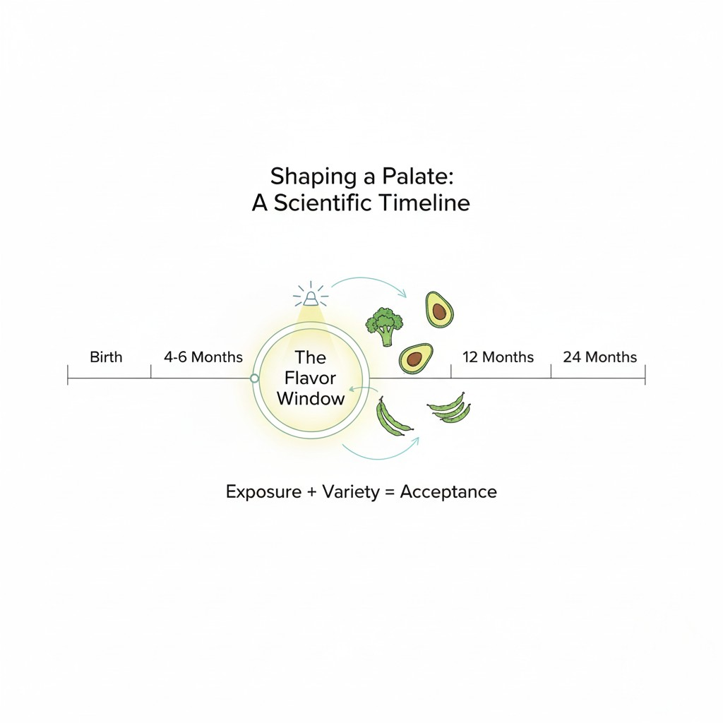 A simple, elegant diagram titled "Shaping a Palate: A Scientific Timeline." The timeline spans from birth to 24 months. At the 4-6 month mark, a highlighted window labeled "The Flavor Window" appears. Icons for various foods such as green beans, avocado, and broccoli are shown entering this window, emphasizing the importance of exposure and variety during this critical period for developing a baby's palate.