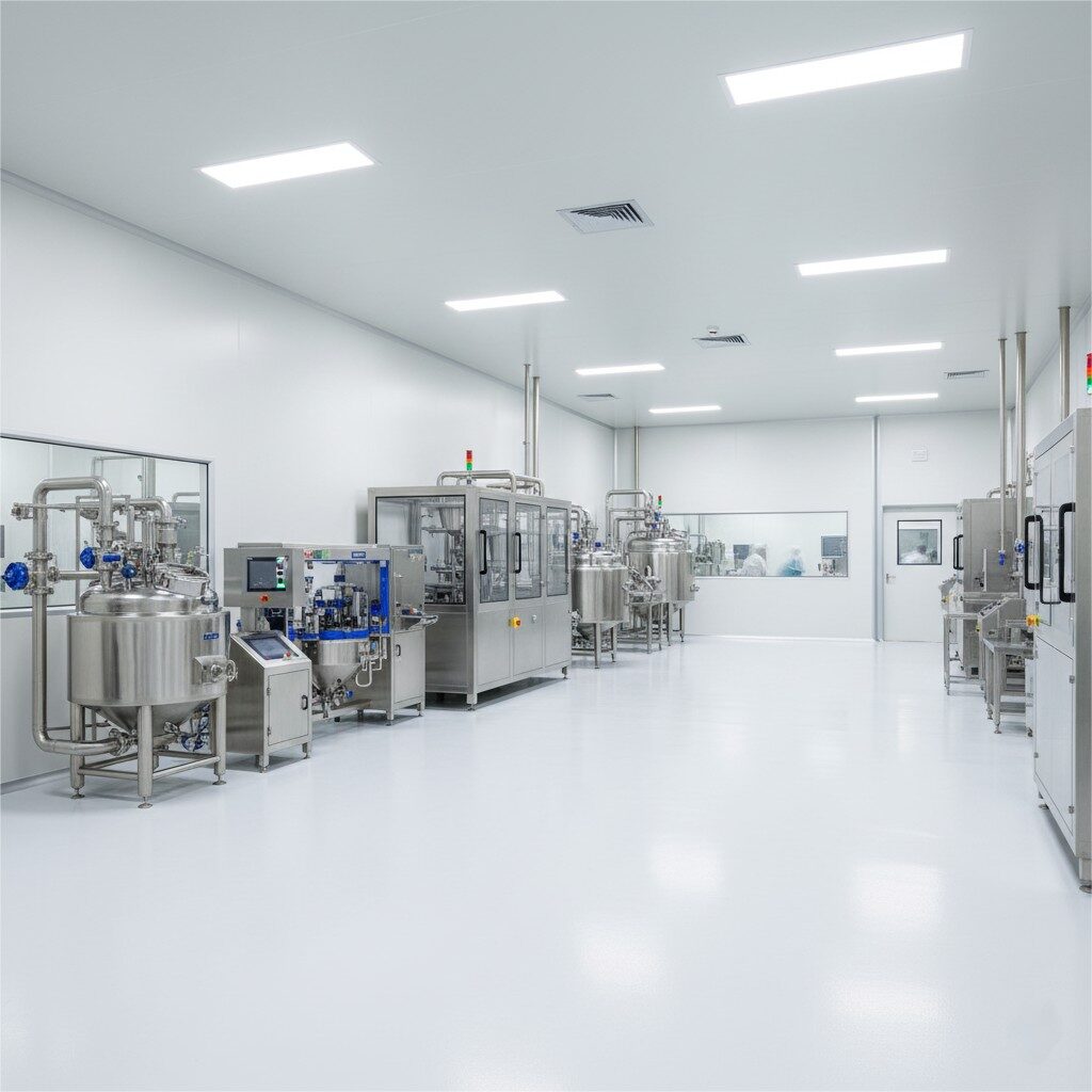 A wide, professional shot of a modern, pristine flavor manufacturing facility's production floor. The environment is impeccably clean, featuring smooth, white, sealed walls and floors, reflecting a commitment to Good Manufacturing Practices (GMP). Advanced, stainless steel machinery and mixing tanks are visible, gleaming under bright, even lighting. There are no people in the shot, emphasizing the automated and controlled nature of the environment. The space conveys a sense of sterility, efficiency, and high-tech precision in flavor production.
