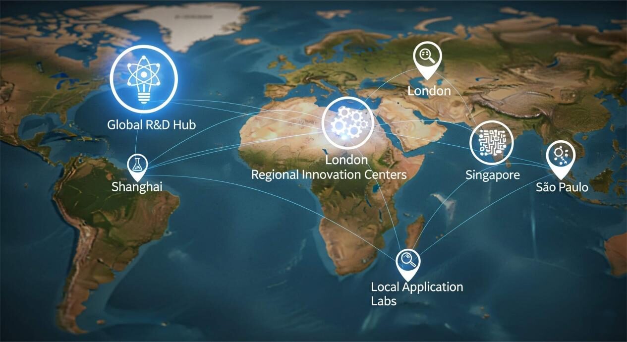 An infographic of a world map with major global cities marked by glowing icons. A large, glowing icon in New York City represents a "Global R&D Hub." Medium-sized icons in London and Singapore are "Regional Innovation Centers." Smaller icons in Shanghai and São Paulo are "Local Application Labs." Arrows connect the icons, illustrating a network of collaboration. The title is "A Global Footprint, A Local Touch."