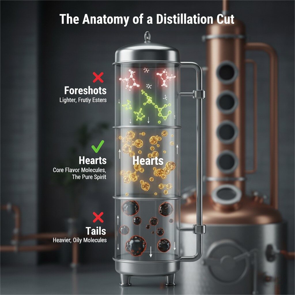 A clean, technical diagram of a distillation column titled "The Anatomy of a Distillation Cut." From top to bottom, the sections are labeled: "Foreshots" with a red X and acetone molecules; "Heads" with lighter, fruity ester molecules; "Hearts" with a large green checkmark and core flavor molecules; and "Tails" at the bottom with a red X and heavier, oily molecules.