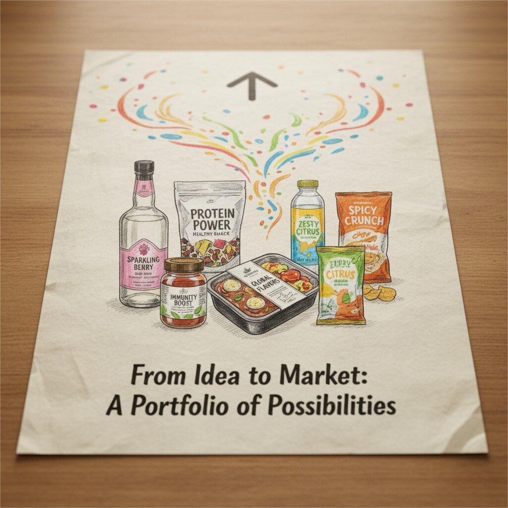 A visual titled "From Idea to Market: A Portfolio of Possibilities." The image displays a diverse collection of food and beverage products, including a bottle of craft spirit (Sparkling Berry), a pouch of healthy snacks (Protein Power), a jar of supplements (Immunity Boost), a ready meal container (Global Flavors), a drink bottle (Zesty Citrus), and two bags of chips (Spicy Crunch and Zesty Citrus). From these products, colorful, swirling lines representing flavor particles flow upwards and converge, illustrating the broad application of flavor expertise across various markets. The visual has a realistic, textured paper effect set on a wooden surface.