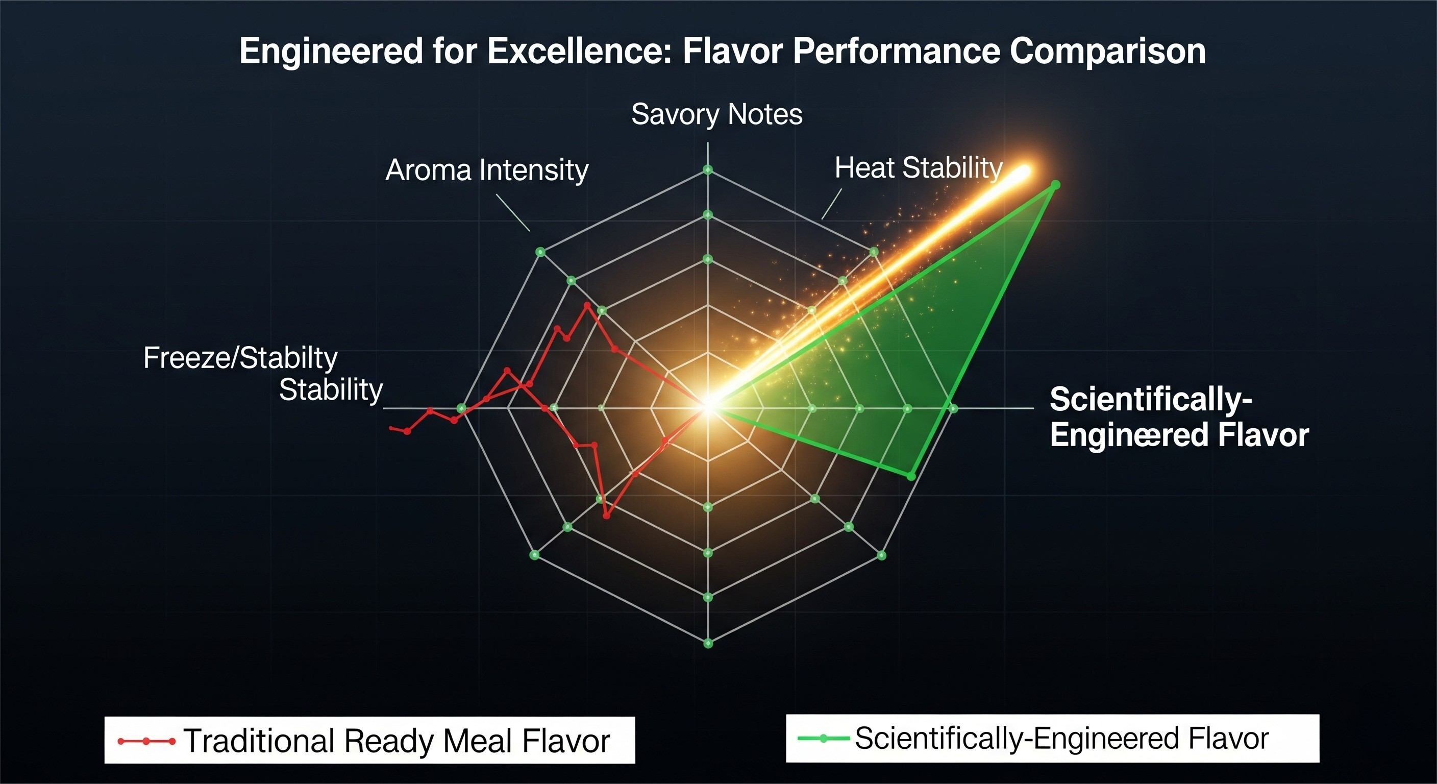 A realistic radar chart titled "Engineered for Excellence: Flavor Performance Comparison." A small red shape represents a traditional ready meal flavor with low scores across all axes. A large, robust green shape represents a scientifically-engineered flavor with high scores across all axes, demonstrating superior performance in savory notes, aroma intensity, heat stability, freeze/thaw stability, and shelf-life longevity.