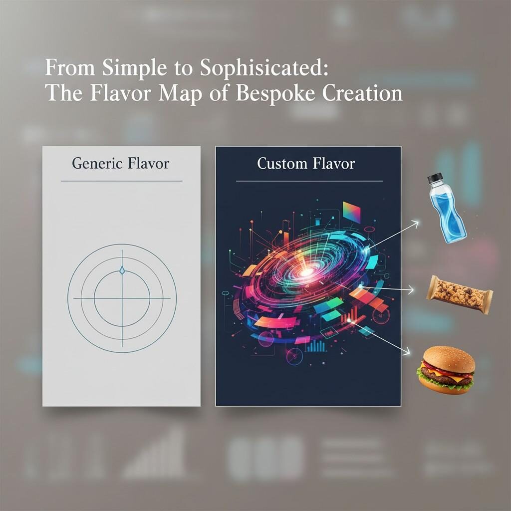An infographic titled "From Simple to Sophisticated: The Flavor Map of Bespoke Creation." On the left, a box labeled "Generic Flavor" displays a limited, two-dimensional flavor profile map. On the right, a box labeled "Custom Flavor" shows a complex, multi-layered, and vibrant flavor map. Arrows extend from the custom flavor map to various product icons, including a sports drink, a snack bar, and a plant-based burger, illustrating the versatility of custom flavors. The overall visual is compelling, modern, and has a realistic shooting effect.
