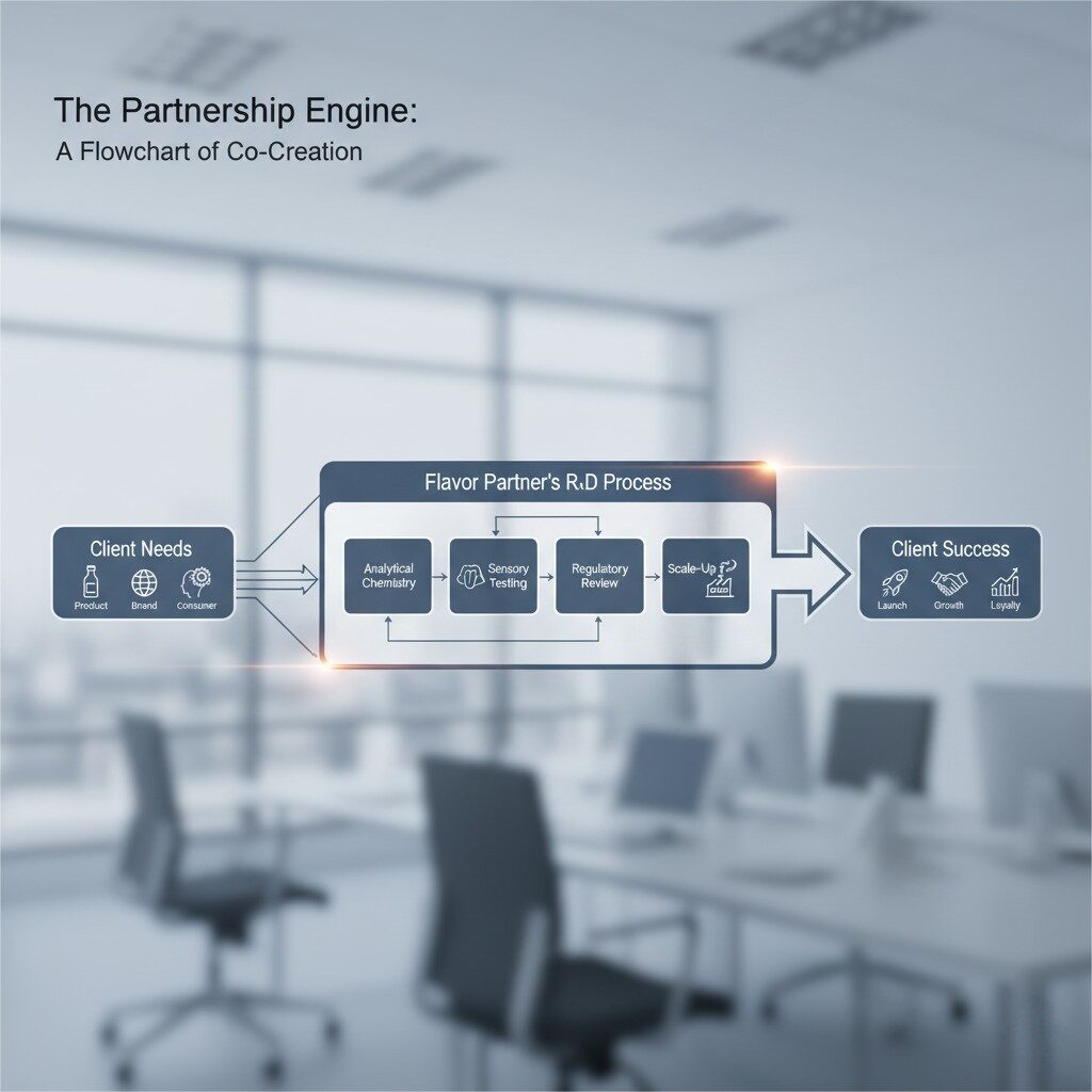 A complex, professional flowchart titled "The Partnership Engine: A Flowchart of Co-Creation." The chart begins with a box labeled "Client Needs," accompanied by icons representing product, brand, and consumer. Arrows then branch into a central, large box titled "Flavor Partner's R&D Process." Inside this box, smaller icons and text detail sub-processes: "Analytical Chemistry," "Sensory Testing," "Regulatory Review," and "Scale-Up." The arrows then lead to a final box labeled "Client Success," featuring icons for "Launch," "Growth," and "Loyalty."