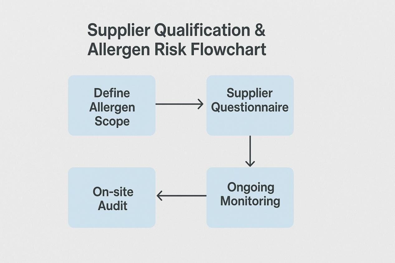 A professional flowchart illustrating the supplier qualification and allergen risk assessment process for food manufacturers, showing steps from defining allergen scope to supplier questionnaires, on-site audits, and ongoing monitoring.