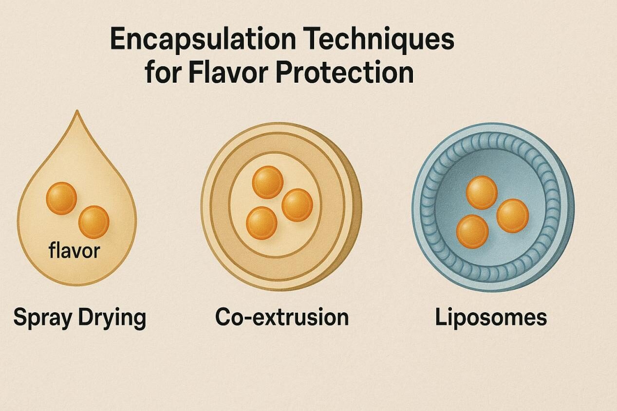 Diagram showing encapsulation methods such as spray drying, co-extrusion, and liposomes, with flavors protected inside different shells or matrices.