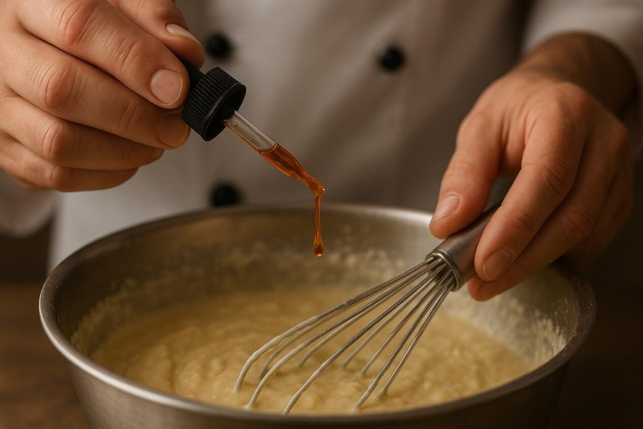 Close-up of a pastry chef’s hands adding amber liquid flavoring with a dropper into a bowl of creamy batter, showcasing precision and care in the baking process.