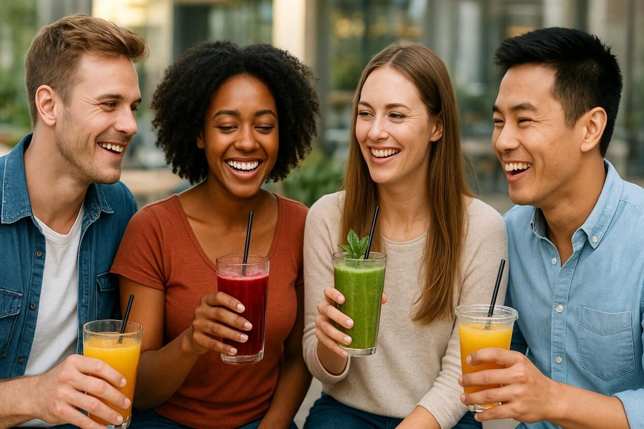 A diverse group of people in a modern casual setting, smiling and enjoying colorful beverages, symbolizing satisfaction and refreshment.