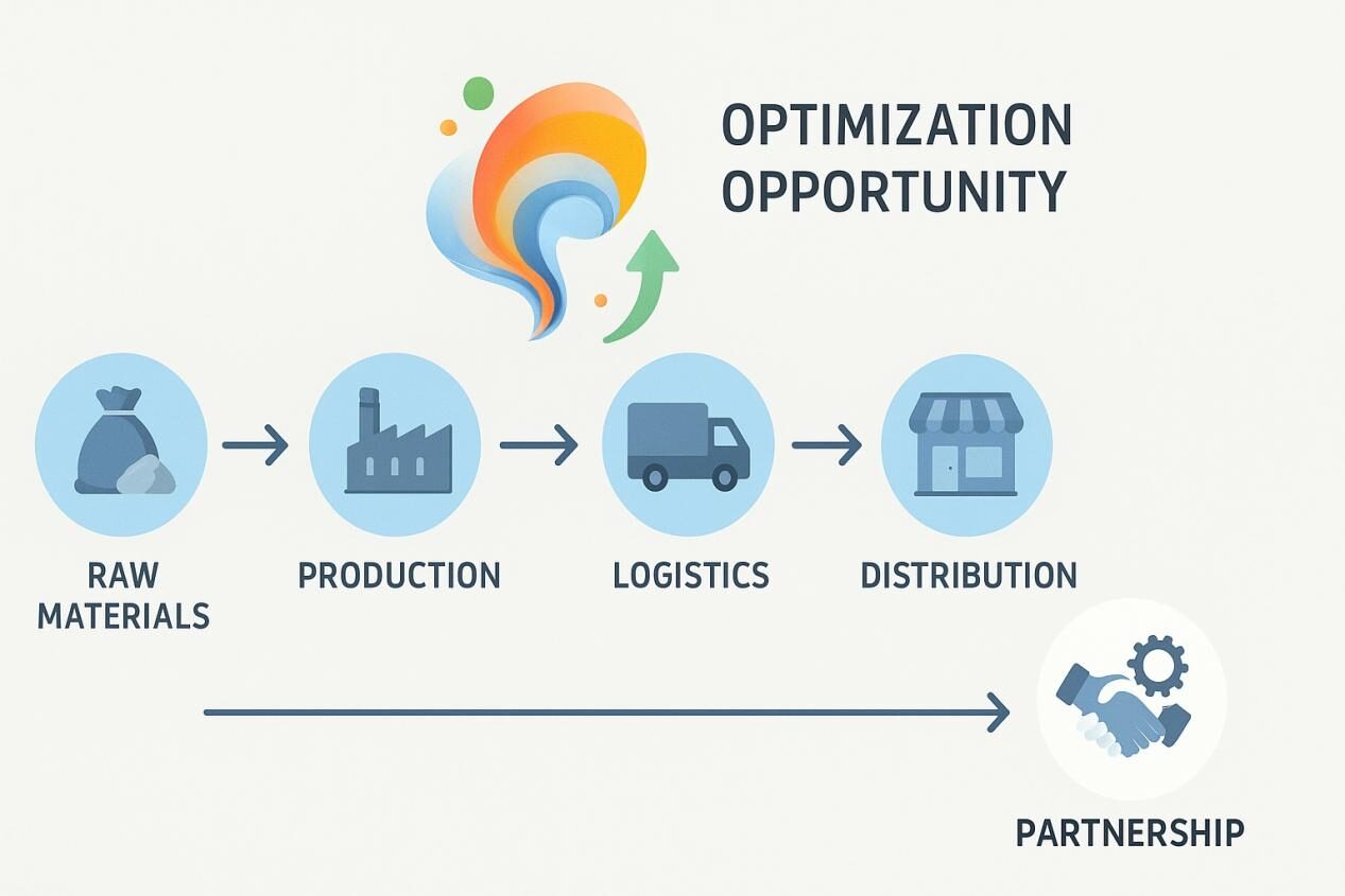 :An infographic showing a supply chain from raw materials to distribution, with arrows, glowing highlights for optimization opportunities, and a handshake with gears symbolizing partnership and collaboration.