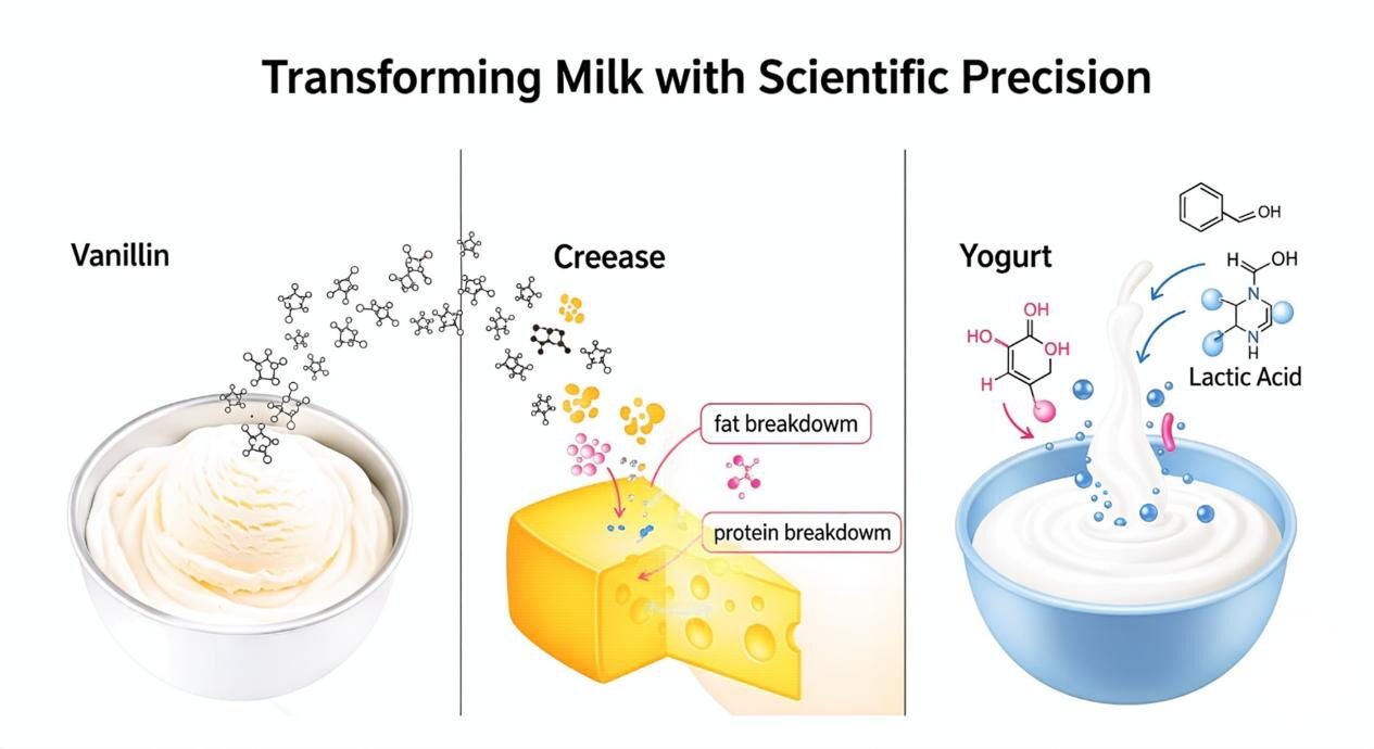 A multi-section graphic titled "Transforming Milk with Scientific Precision." The first section shows a swirling vat of ice cream with vanillin molecules spreading. The second section shows a cutaway of cheese with fat and protein breakdown. The third section shows a yogurt vat with bubbling bacteria and lactic acid molecules.