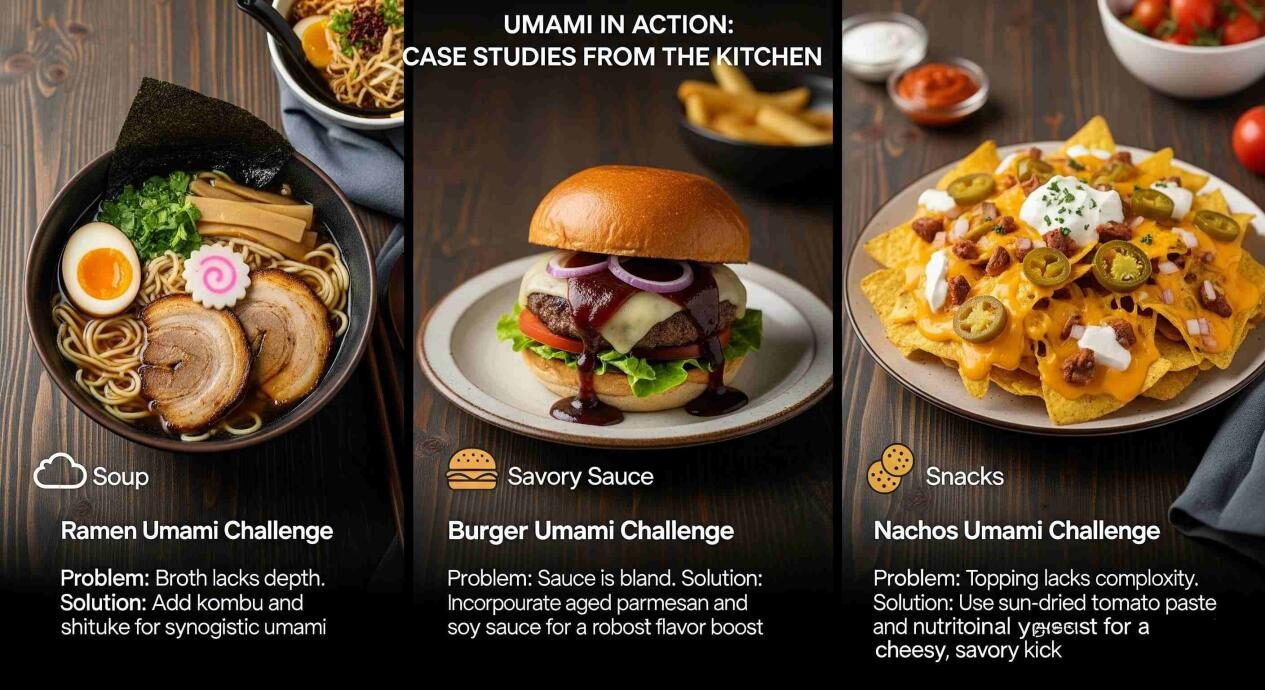 A compelling visual shows three distinct food items: a bowl of ramen, a burger with a savory sauce, and a plate of nacho chips. Each item is connected to a text box that explains an umami challenge and solution. The title is "Umami in Action: Case Studies from the Kitchen."