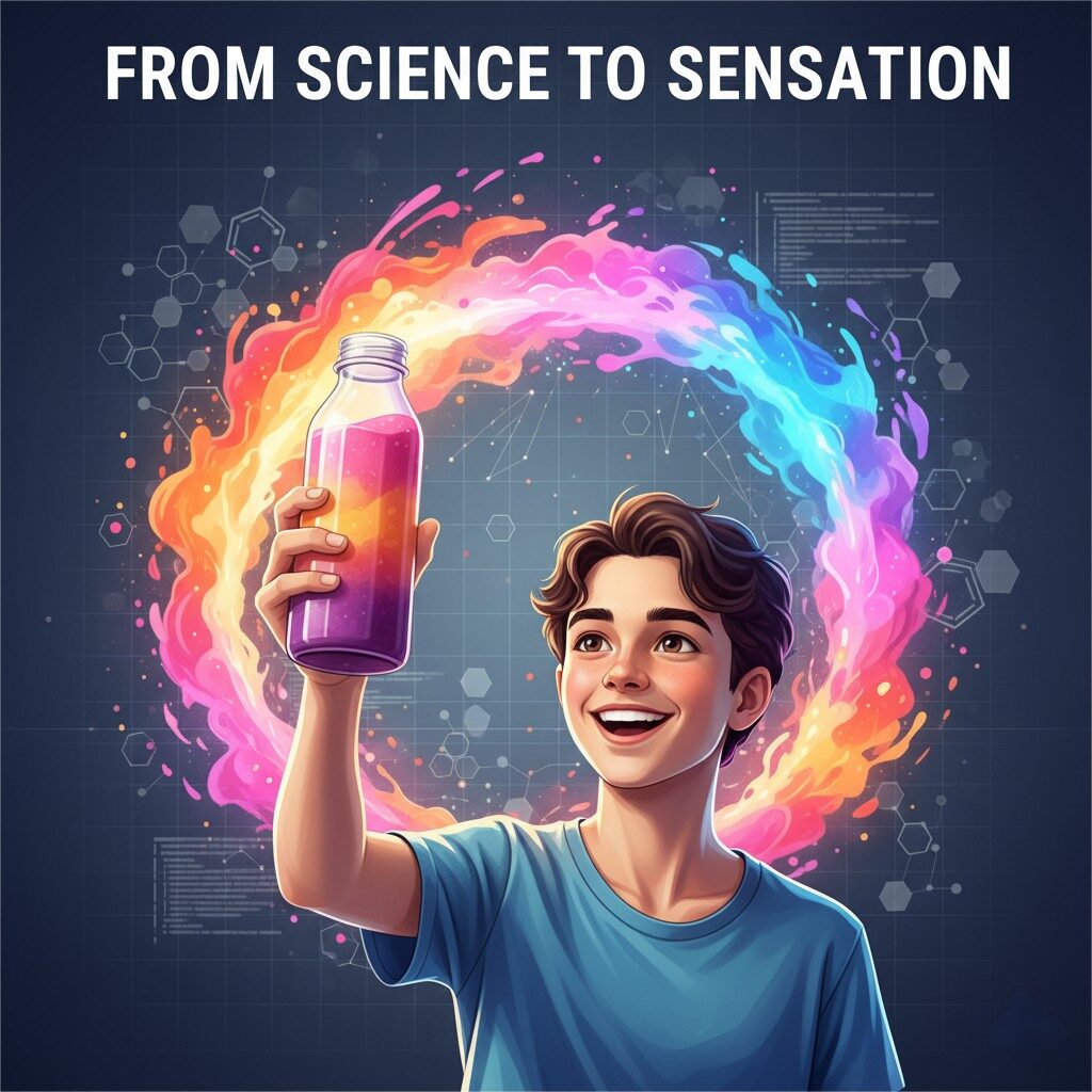 A stylized illustration titled "FROM SCIENCE TO SENSATION." A cheerful person with short brown hair and a blue t-shirt is happily holding up a clear smoothie bottle filled with a vibrant, gradient-colored drink (purple, orange, pink). A large, colorful aura, like a ring of swirling paint in rainbow hues, radiates from the bottle, symbolizing a positive flavor experience. In the background, there's a subtle dark blue grid overlaid with faint, interconnected molecular structures and abstract data points, representing the scientific basis of the delicious product.
