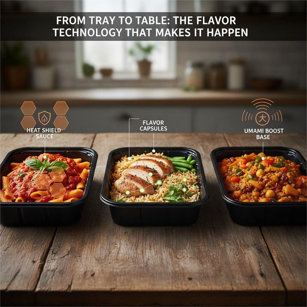 A compelling visual titled "FROM TRAY TO TABLE: THE FLAVOR TECHNOLOGY THAT MAKES IT HAPPEN," featuring three distinct black ready meal trays arranged on a rustic wooden table in a blurred kitchen background. From left to right: The first tray contains a pasta dish with red sauce, overlaid with a subtle honeycomb graphic representing "HEAT SHIELD SAUCE." The second tray features sliced chicken with rice and green beans, with small, transparent spheres indicating "FLAVOR CAPSULES" over the herbs. The third tray holds a vegetarian curry, with a radiating circular icon above it labeled "UMAMI BOOST BASE."