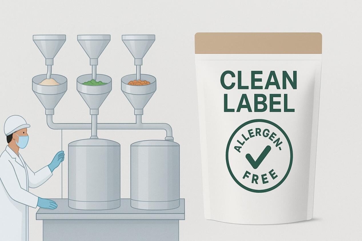 A professional illustration showing proper segregation of ingredients in a food manufacturing facility, alongside a clean label product emphasizing its allergen-free status, symbolizing safety, quality, and trust in food production.