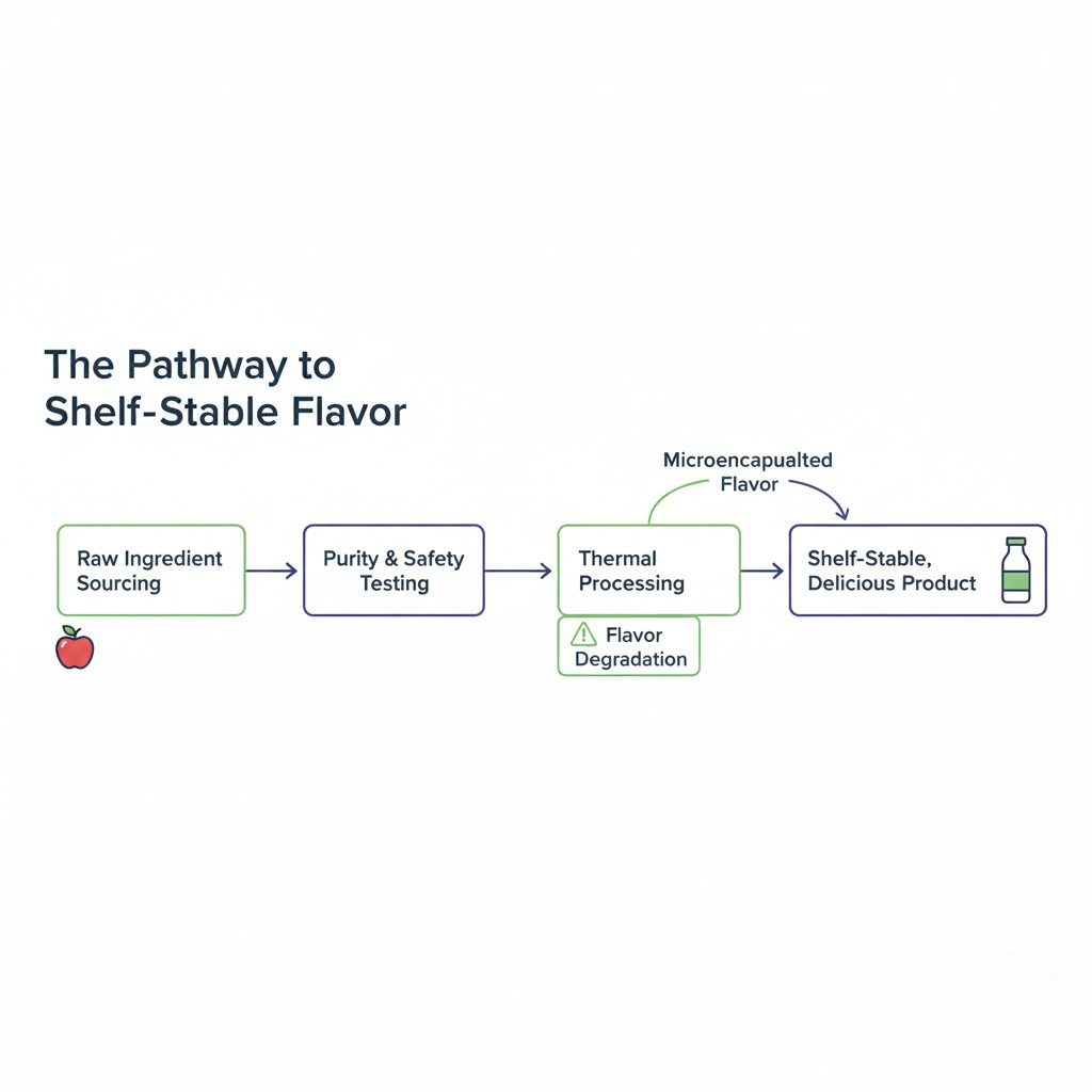  A simple, yet detailed flowchart titled "The Pathway to Shelf-Stable Flavor." It begins with "Raw Ingredient Sourcing" represented by a cartoon apple. An arrow points to "Purity & Safety Testing," followed by another arrow to "Thermal Processing." Adjacent to "Thermal Processing," a box indicates "Flavor Degradation." A parallel line illustrates "Microencapsulated Flavor" entering the process after sterilization. The final arrow leads to "Shelf-Stable, Delicious Product."