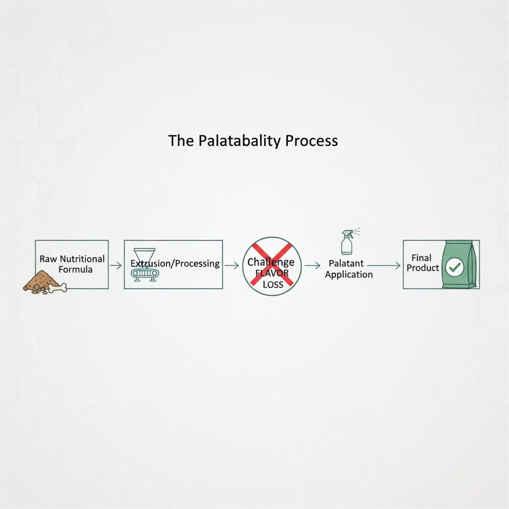 A simple, elegant flowchart titled "The Palatability Process." It begins with "Raw Nutritional Formula," represented by a pile of ingredients. An arrow leads to "Extrusion/Processing," depicted as a stylized machine. This is followed by an arrow pointing to a "Challenge" box with a cross-out icon, illustrating "Flavor Loss." A parallel line shows "Palatant Application," represented by a spray bottle icon, entering the process. A final arrow leads to a "Final Product" icon, a bag of pet food with a checkmark, signifying a successful outcome.