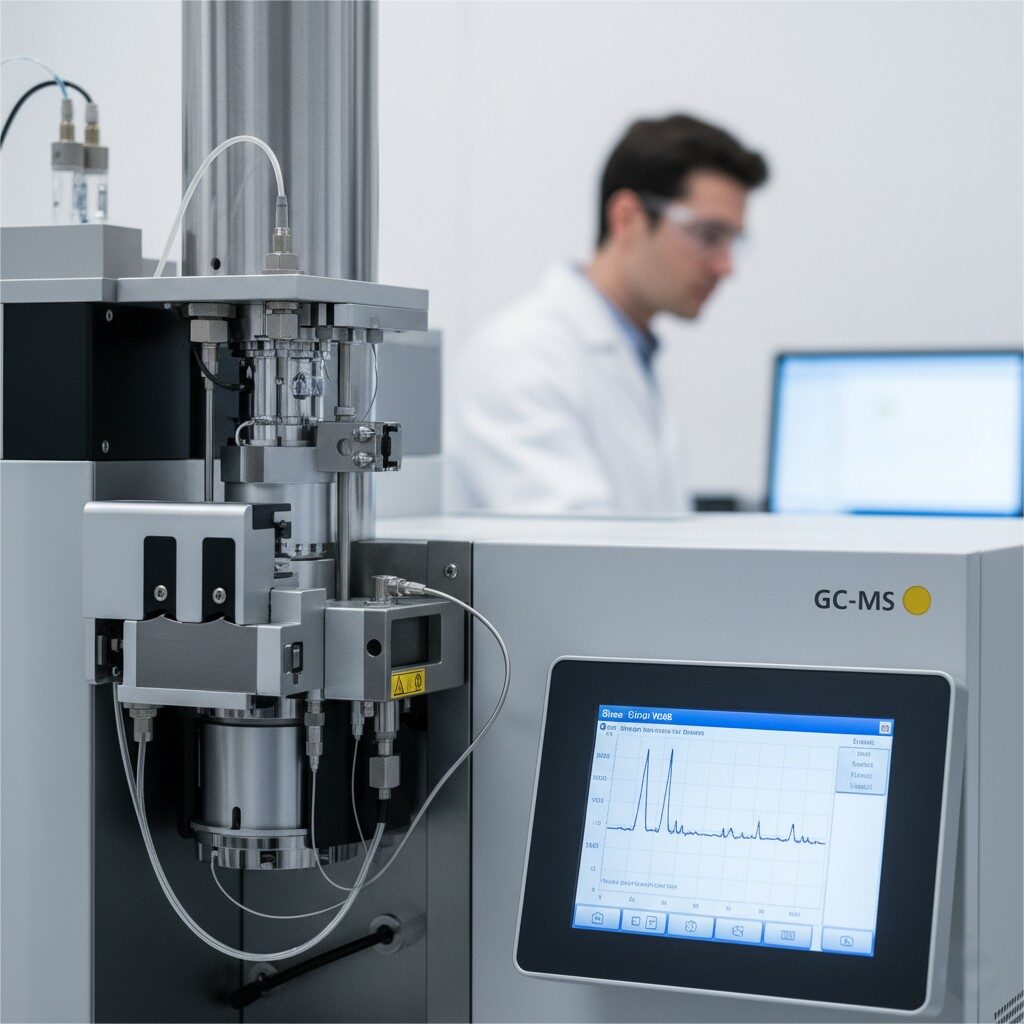 A close-up, highly detailed photograph of a modern, high-tech analytical machine, likely a GC-MS or HPLC system, dominating the foreground. The intricate components, tubing, and digital interface of the scientific instrument are in sharp focus, showcasing its complexity and precision. In the soft, blurred background, a lab technician in a white coat is subtly visible, indicating human oversight and expertise in the scientific process. The lighting is bright and professional, enhancing the sterile and advanced laboratory environment.