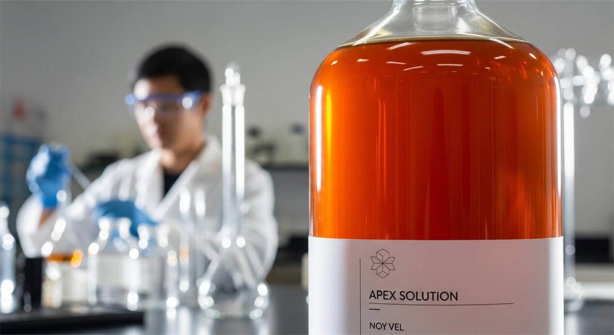 A close-up photograph of a perfectly mixed, scaled-up product in a bottle. The liquid inside is a rich amber color with no separation. In the background, a scientist is subtly out of focus, working at a lab bench. The image is beautifully lit, confirming scientific rigor and excellence.