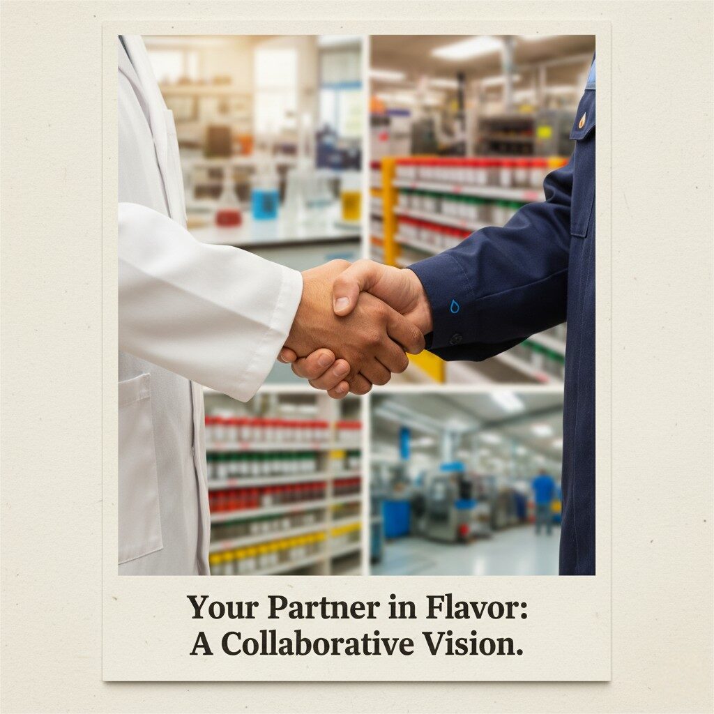 A close-up shot of two people shaking hands, titled "Your Partner in Flavor: A Collaborative Vision." One person is wearing a white lab coat, representing a product developer. The other is wearing a dark blue uniform with a subtle blue flavor droplet icon on the sleeve, representing a flavor expert. The background is a vibrant, out-of-focus collage of scenes: a product development lab with beakers and test tubes, a flavor library with shelves of colorful ingredients, and a factory floor with machinery, suggesting the seamless integration of operations from concept to production. The image has a realistic, slightly aged photographic effect.