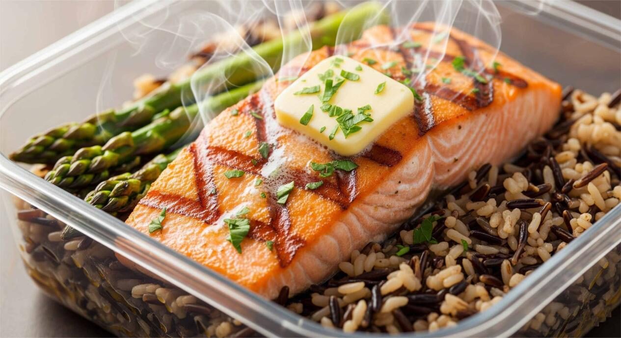 A close-up, high-quality, and beautifully lit photograph of a single, perfectly prepared ready meal in a container. The food is steaming, the colors are vibrant, and the textures are appealing, creating a realistic and enticing visual.