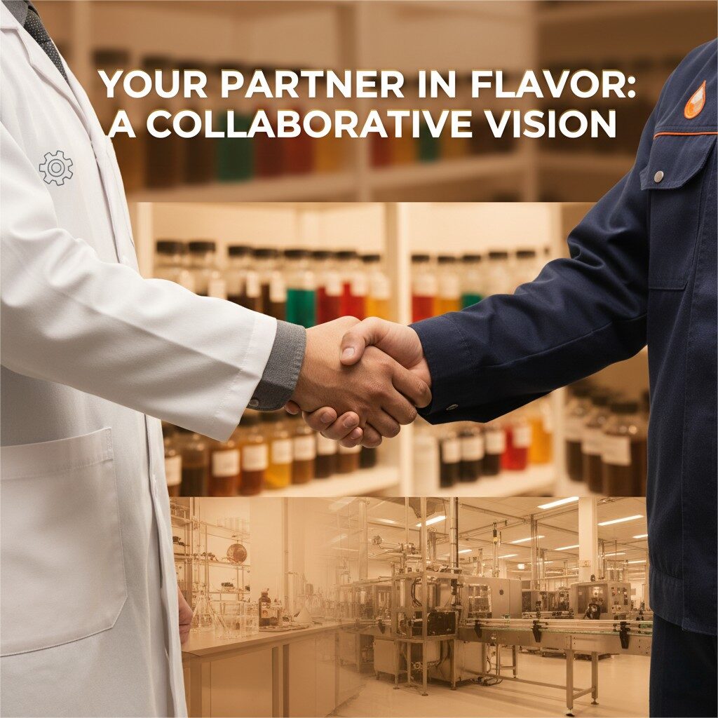 A close-up shot of a handshake between a product developer in a lab coat and a flavor expert with a subtle flavor droplet icon on their uniform. The background is a vibrant, out-of-focus scene of a product development lab, a flavor library, and a factory floor, suggesting a seamless integration of operations. The image embodies the title "Your Partner in Flavor: A Collaborative Vision."