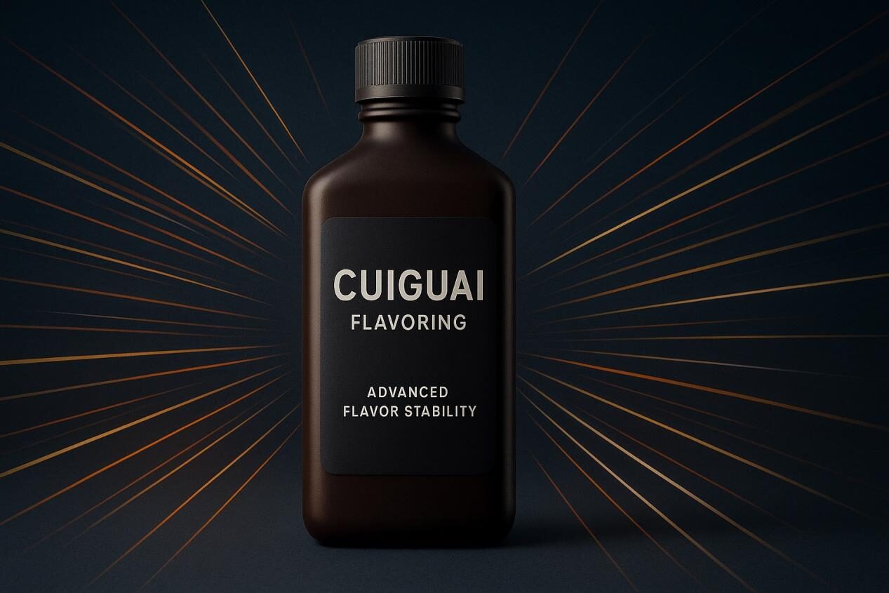 Sleek product graphic of CUIGUAI Flavoring with dynamic abstract lines radiating outward, representing technology and flavor stability.