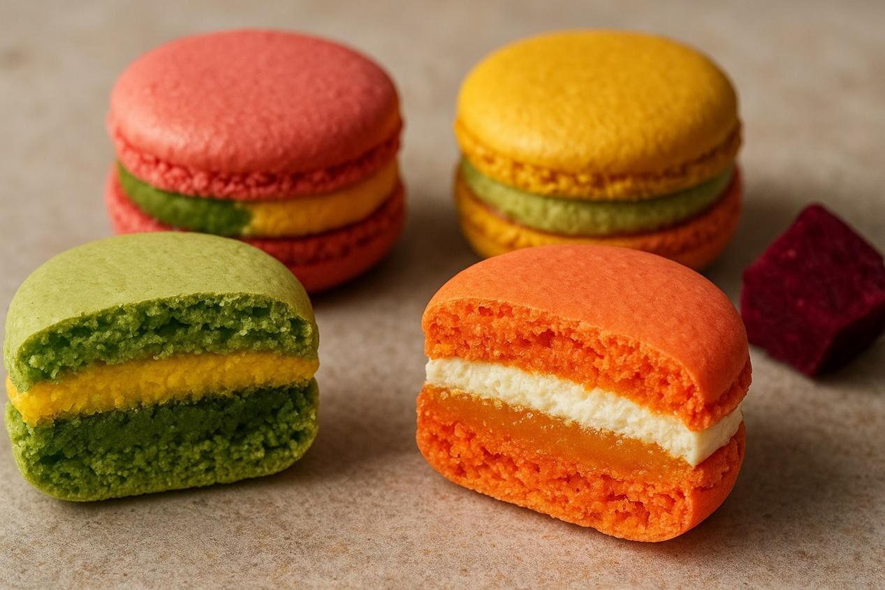Close-up of vibrant macarons with unique flavor combinations, halved to reveal colorful fillings, presented on a neutral surface with soft lighting for a modern and appealing look.