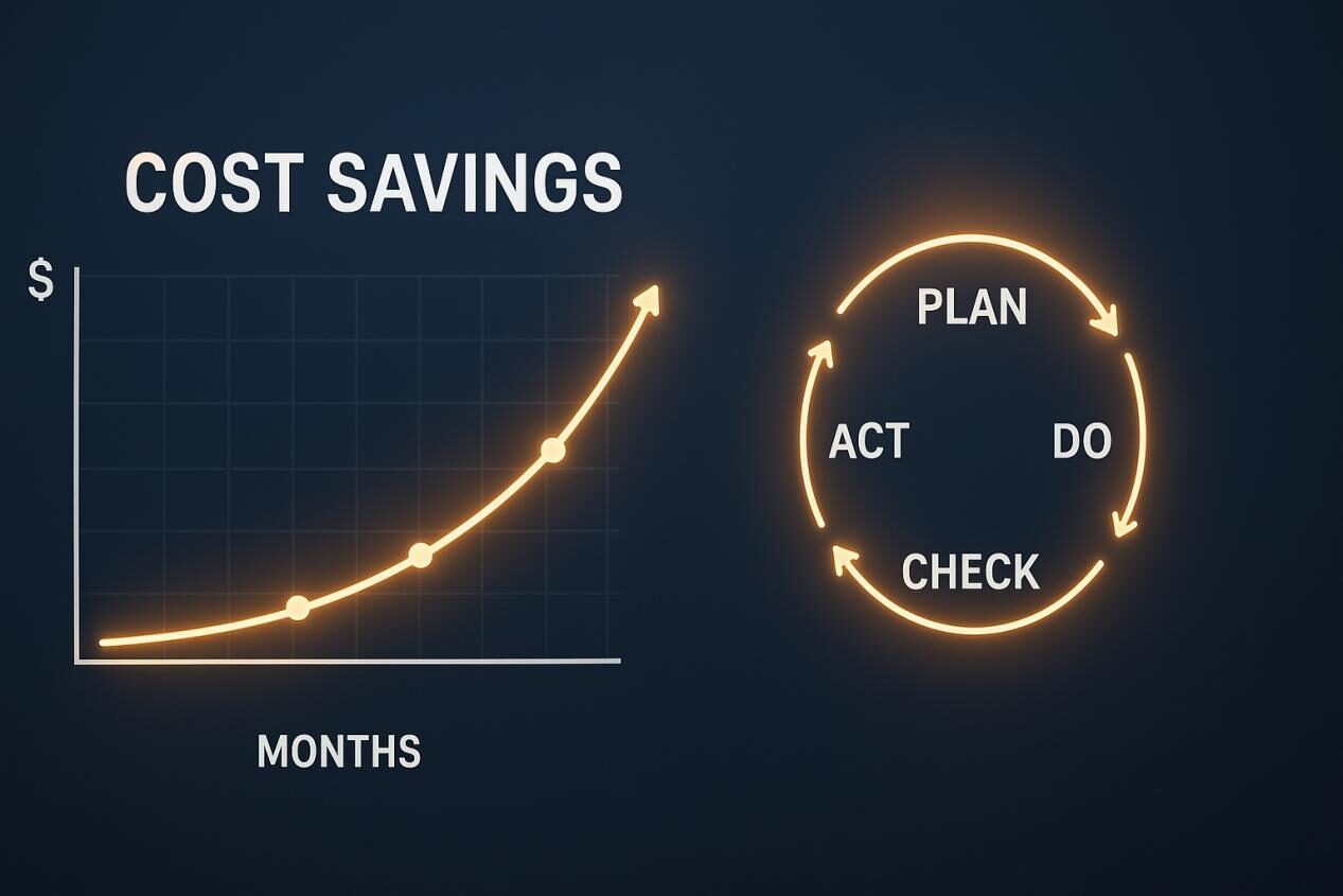 A glowing upward cost savings graph paired with a PDCA (Plan-Do-Check-Act) cycle diagram, symbolizing optimized processes and continuous improvement in manufacturing.