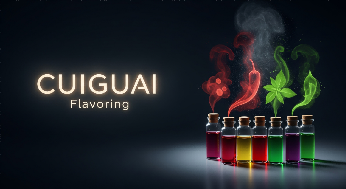 A professional and innovative image showcasing the 'CUIGUAI Flavoring' logo alongside an artistic representation of their flavor range, with a realistic shooting effect.