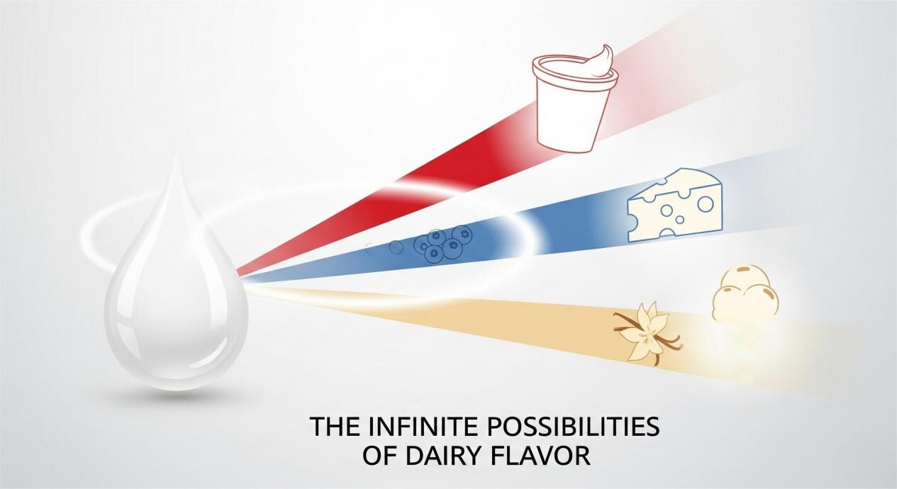An abstract graphic with a central milk drop icon. Colored rays representing flavors like strawberry, blueberry, and vanilla shoot out, passing through a filter and landing on icons of a yogurt cup, cheese wedge, and ice cream cone. The message is "The Infinite Possibilities of Dairy Flavor."
